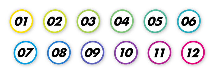 Bullet points numbers from 1 to 12 list markers colorful trendy typography