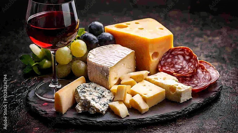 Poster Cheese assortment on slate cutting board with red wine Grey background Top view : Generative AI