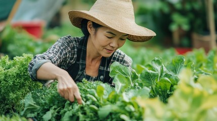 An Asian woman farmer tending to organic vegetables in her small farm, carefully inspecting each plant, surrounded by vibrant greens and fresh produce
