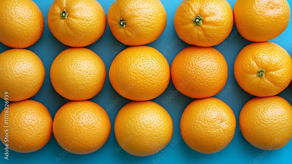 Poster Fresh oranges on blue background Top view Copy space : Generative AI