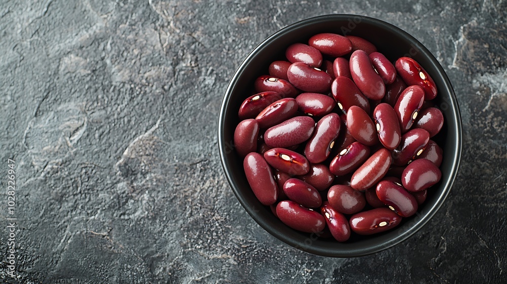Poster red kidney beans in a black bowl on grey stone background top view copy space : generative ai