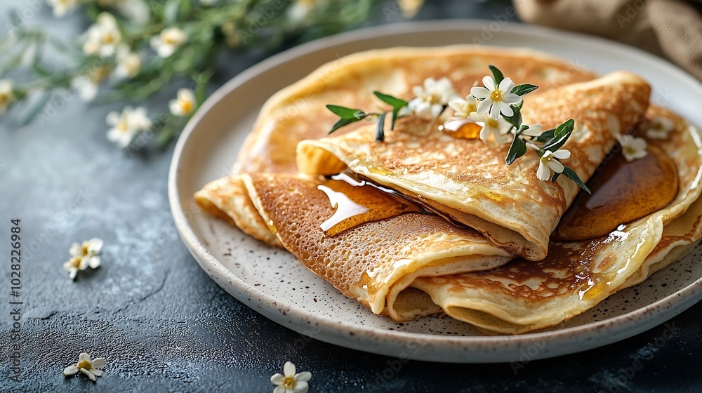 Poster crepes thin pancakes with honey on a white plate marble background top view : generative ai