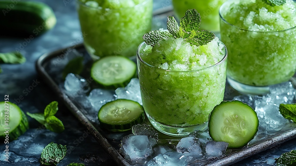 Aufkleber Mintl lime and fresh cucumber granita in glasses with fresh mint leaves and cucumber slices on a metal tray with ice cubes : Generative AI
