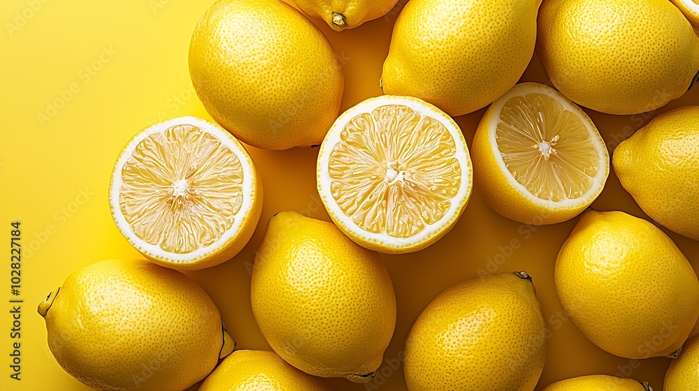 Poster fresh lemons on yellow background copy space top view : generative ai