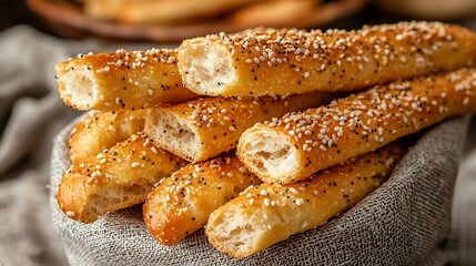 Cheese bread sticks with sesame seeds on a grey wooden background Selective focus : Generative AI