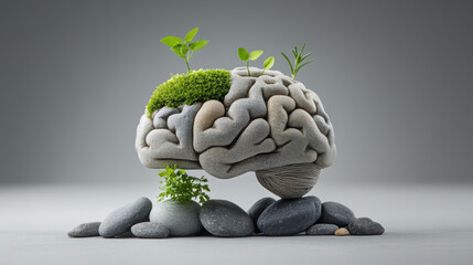 brain sculpture made from stones, adorned with moss and small plants, symbolizes growth and creativity. This unique piece blends nature and art, evoking sense of tranquility and inspiration