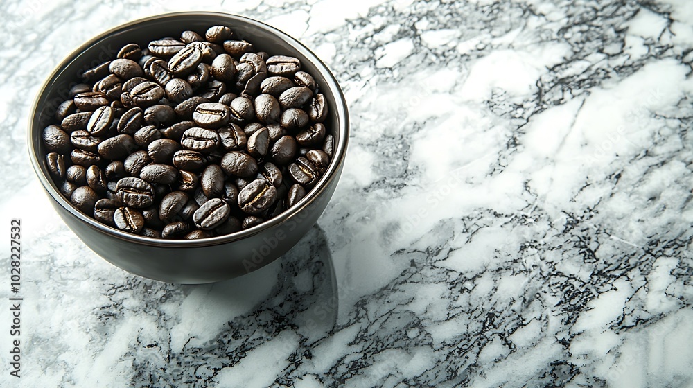 Poster cup of black coffee with coffee beans on marble table close up top view : generative ai