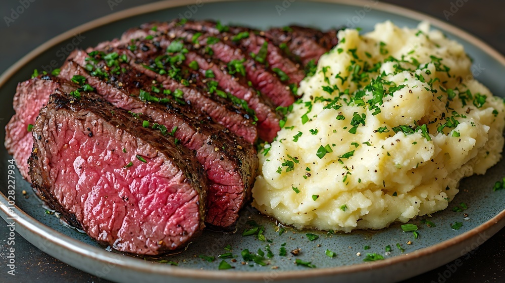 Poster Beefsteak with mashed potato on a plate Grey background Close up : Generative AI