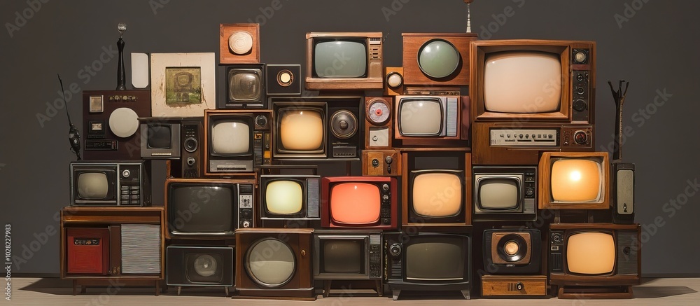 Wall mural vintage televisions wall, a collection of classic screens