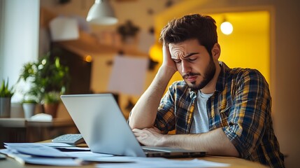 a person showing stress while reviewing financial statements related to clean energy investments 