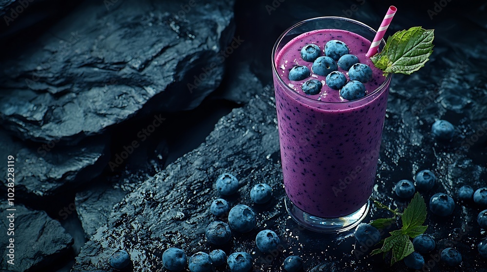 Poster berry smoothie with fresh blueberries on a black stone background top view : generative ai