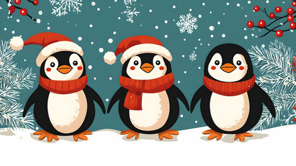 Three Penguins in Santa Hats Standing in Snow.