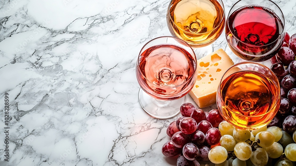 Aufkleber assortment of cheese grapes with red wine in glasses marble background top view : generative ai