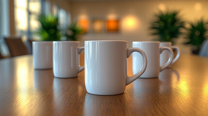 clean conference room table adorned with neatly arranged coffee cups symbolizes collaboration, productivity, and the energizing spirit of teamwork during meetings and brainstorming sessions