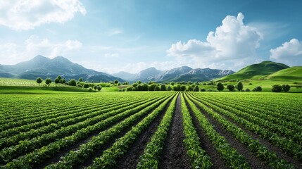 Lush Green Organic Farm Fields Under Blue Sky