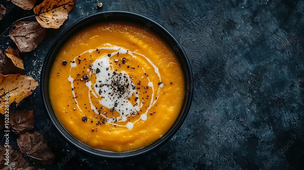 Poster pumpkin and carrot soup with cream in black bowl dark background close up top view : generative ai