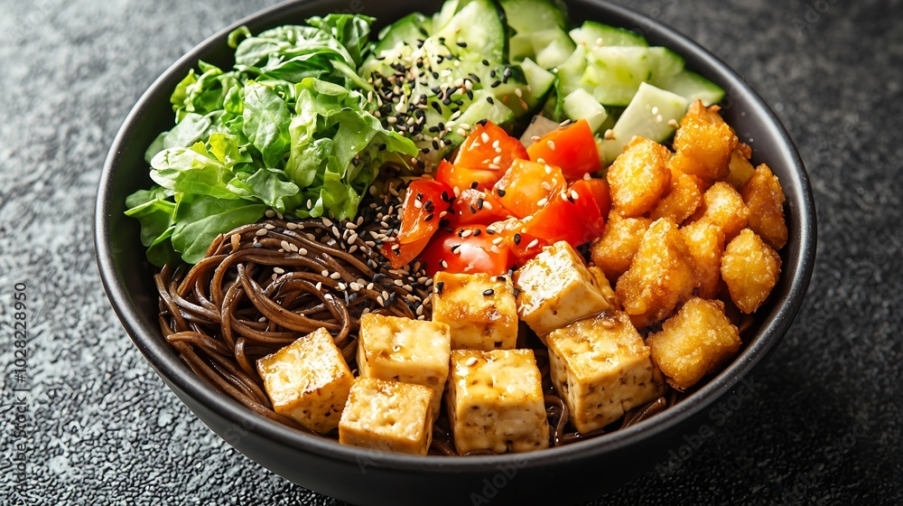 Poster soba noodles with vegetables and fried tofu in a bowl grey background top view : generative ai
