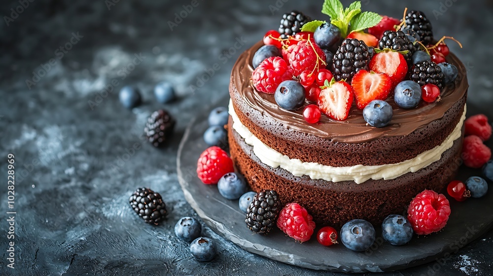 Poster chocolate cake with whipped cream and fresh berries blue background copy space : generative ai
