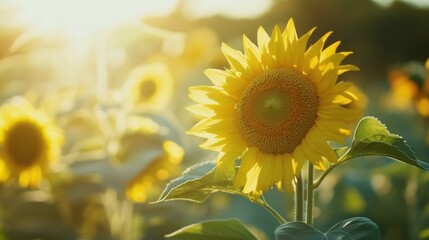 Naklejka premium Sunflower Field at Sunset