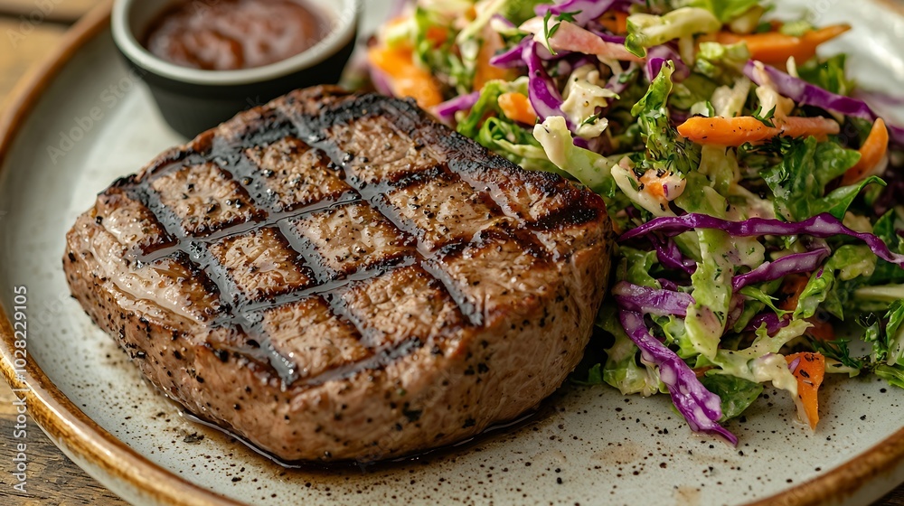 Poster Grilled beef tenderloin meat on a plate with cole slaw salad Top view : Generative AI