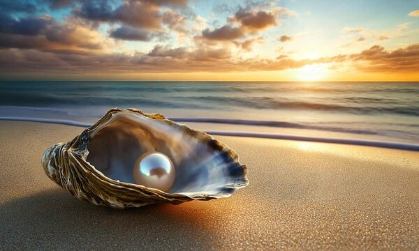 A beautiful sunset scene featuring an open oyster with a pearl on a sandy beach.