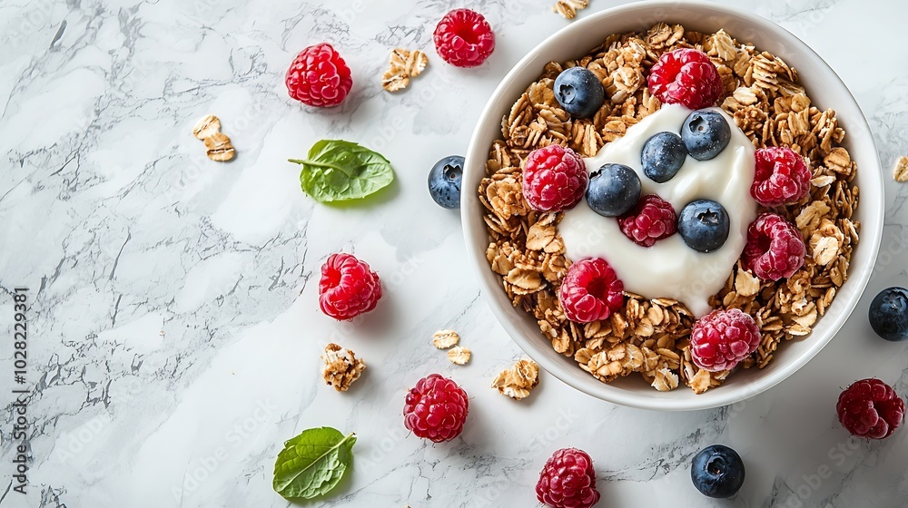 Poster healthy breakfast fresh granola muesli with yogurt and berries on marble background top view copy sp