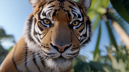Fototapeta premium Majestic Tiger Close Up with Intense Gaze in Lush Rainforest