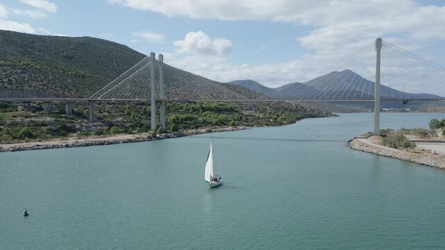 Passing under the High Bridge in Chalkida with a yacht and an orbital view of the bridge