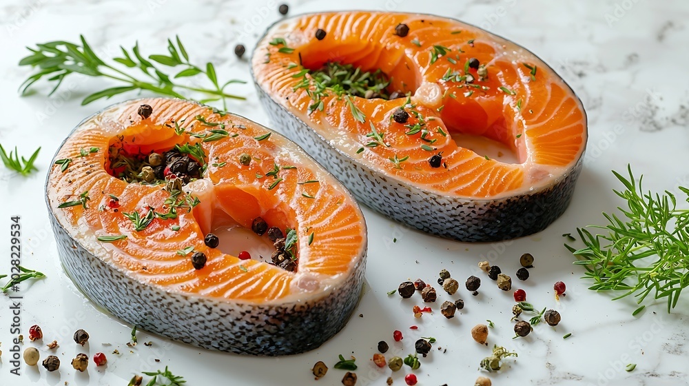 Poster salmon steaks fillet with herbs and spices white marble background top view : generative ai