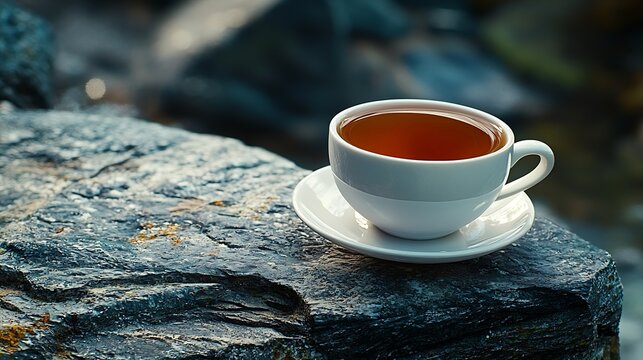 Cup of tea on a blue stone background Close up : Generative AI