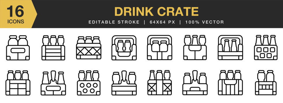 Drink Crate icon set. Editable Stroke Icon Collection. Includes Wine, Box, Bottle, Wooden, Crate, Drink, Alcohol, Barrel, and More. Outline icons vector collection.