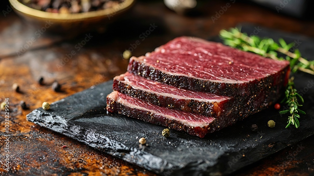 Poster roasted beef pastrami on slate cutting board copy space top view : generative ai