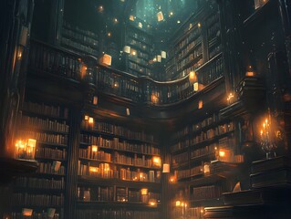 A magical library with floating books and shelves that seem to extend infinitely upwards, soft candlelight illuminating the scene 