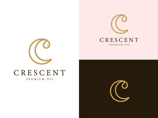Initial letter C Cream Cosmetic Care with Waning Crescent Moon and Droplet Water Drop for Extract Essential Oil Beauty Cosmetic Logo design.