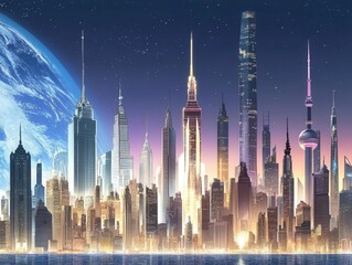 Fototapeta premium A vibrant city skyline under a night sky, featuring towering skyscrapers and a distant planet, evoking a futuristic atmosphere.