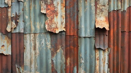 Weathered Corrugated Metal Sheet Wall with Rusted Patches