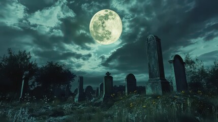 Mysterious Graveyard Under a Full Moon