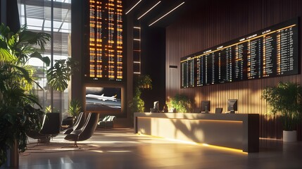 A professional office lobby with a travel agency feel, including flight boards and international cityscapes, a team gathered for a meeting on business travel 