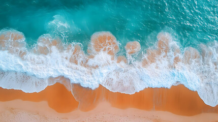 Obraz premium Aerial View of Turquoise Ocean Waves Crashing on Sandy Beach.