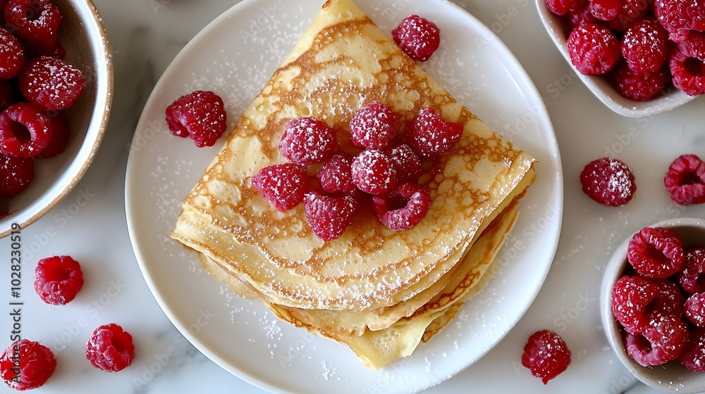 Poster Crepes thin pancakes with raspberry on white plate Marble background Top view Copy space : Generative AI