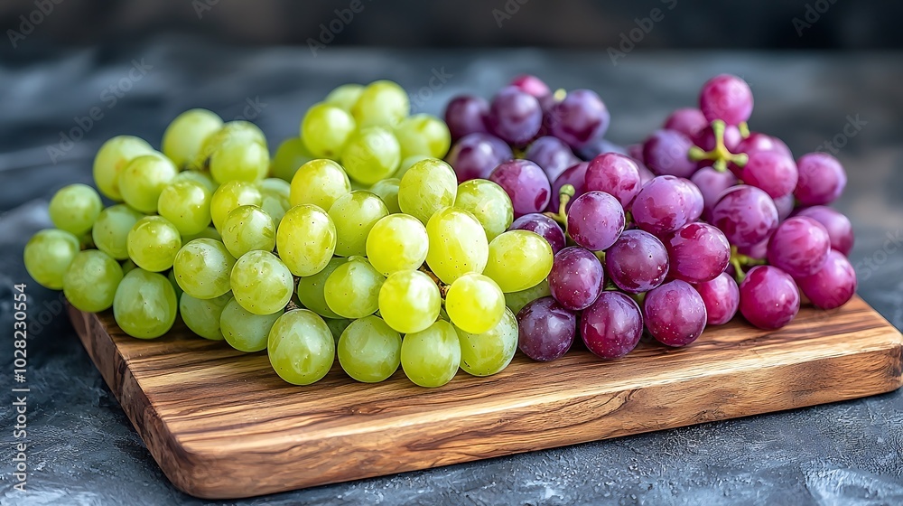 Poster assortment of fresh grape on cutting board grey wooden background : generative ai