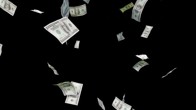 Falling U.S. Dollar banknotes on Black Background 
A dynamic image of U.S. dollar bills floating down, ideal for financial, business, or investment themes. Looping Video 3D Render 4K