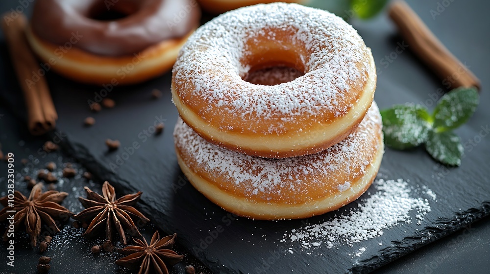 Poster donuts with sugar powder on slate board flat lay composition dark background top view : generative a
