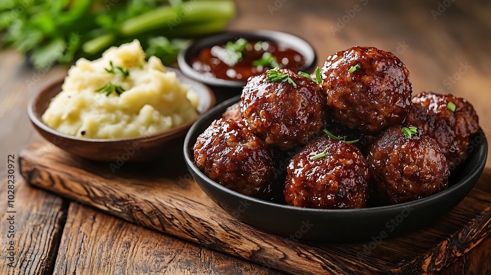Aufkleber meatballs duck meat with apple sauce and mashed celery potato on a wooden background : generative ai