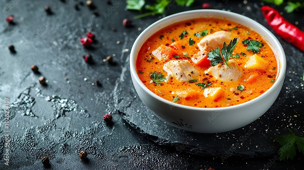 Poster chicken soup with vegetables in white bowl grey stone background close up : generative ai