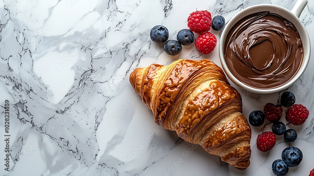 Poster croissant with fresh berries chocolate spread and butter with cup of coffee on a marble texture back