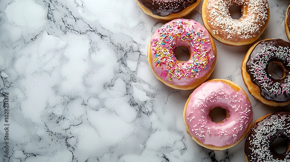 Poster Assortment of donuts on marble table background Close up Top view : Generative AI