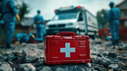 Emergency First Aid Kit for Rescue Medical Services. Emergency first aid kit positioned in a rescue scene, highlighting the importance of medical services and preparedness in outdoor situations.