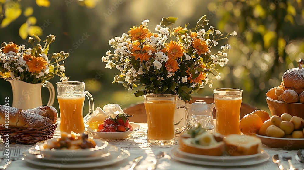 Poster breakfast setting table blurred background dishware and flowers copy space : generative ai