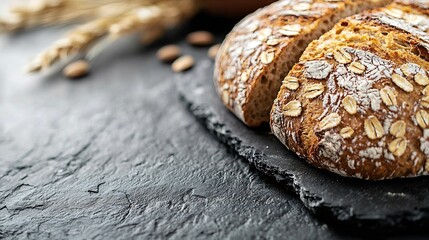 Rye whole grain bread on a grey stone background : Generative AI